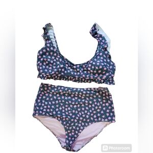 Aerie two piece bikini.  Navy with pink roses and green leaves.